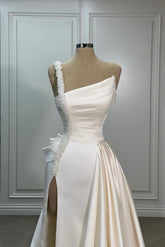 A Line Wedding Dress Satin One Shoulder Sleeveless Bridal Gown With Ruffles Split Front